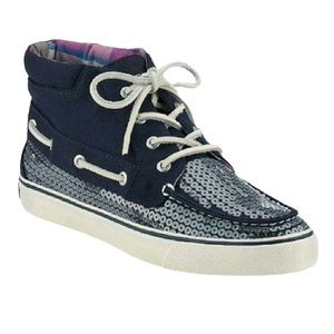 Sperry Top Sider Betty Navy Blue Sequin Jersey High Top Boat Shoes sz 8.5